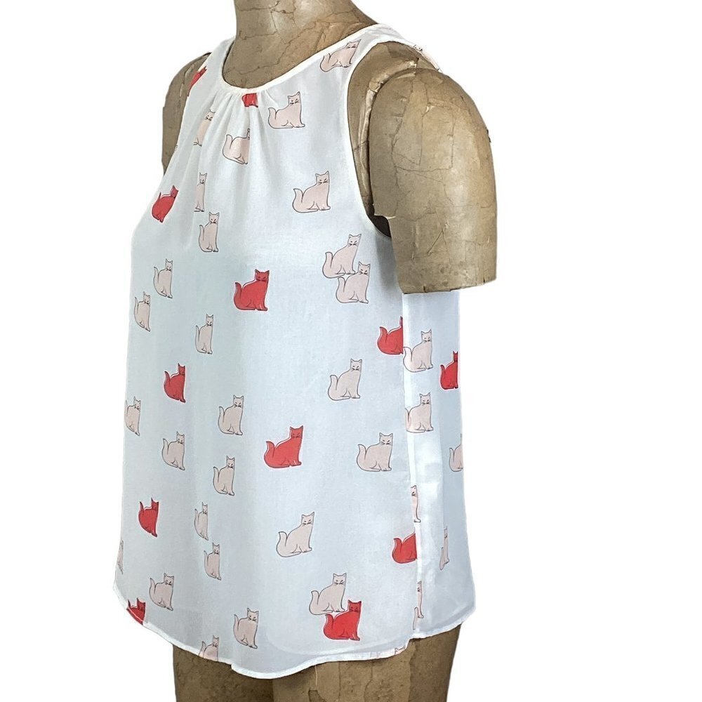 Zara Trafaluc Sleeveless Cat Print Blouse Chiffon Sz S #238C - Picture 4 of 9